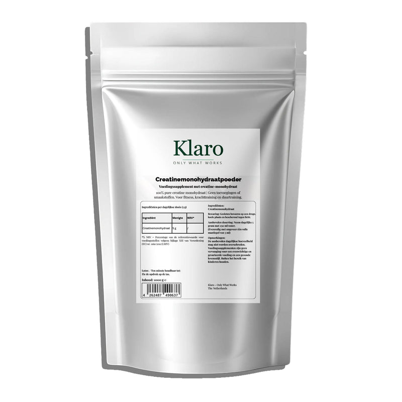 Creatine Monohydraat 1000g – 100% puur & lab getest — Klaro supplement